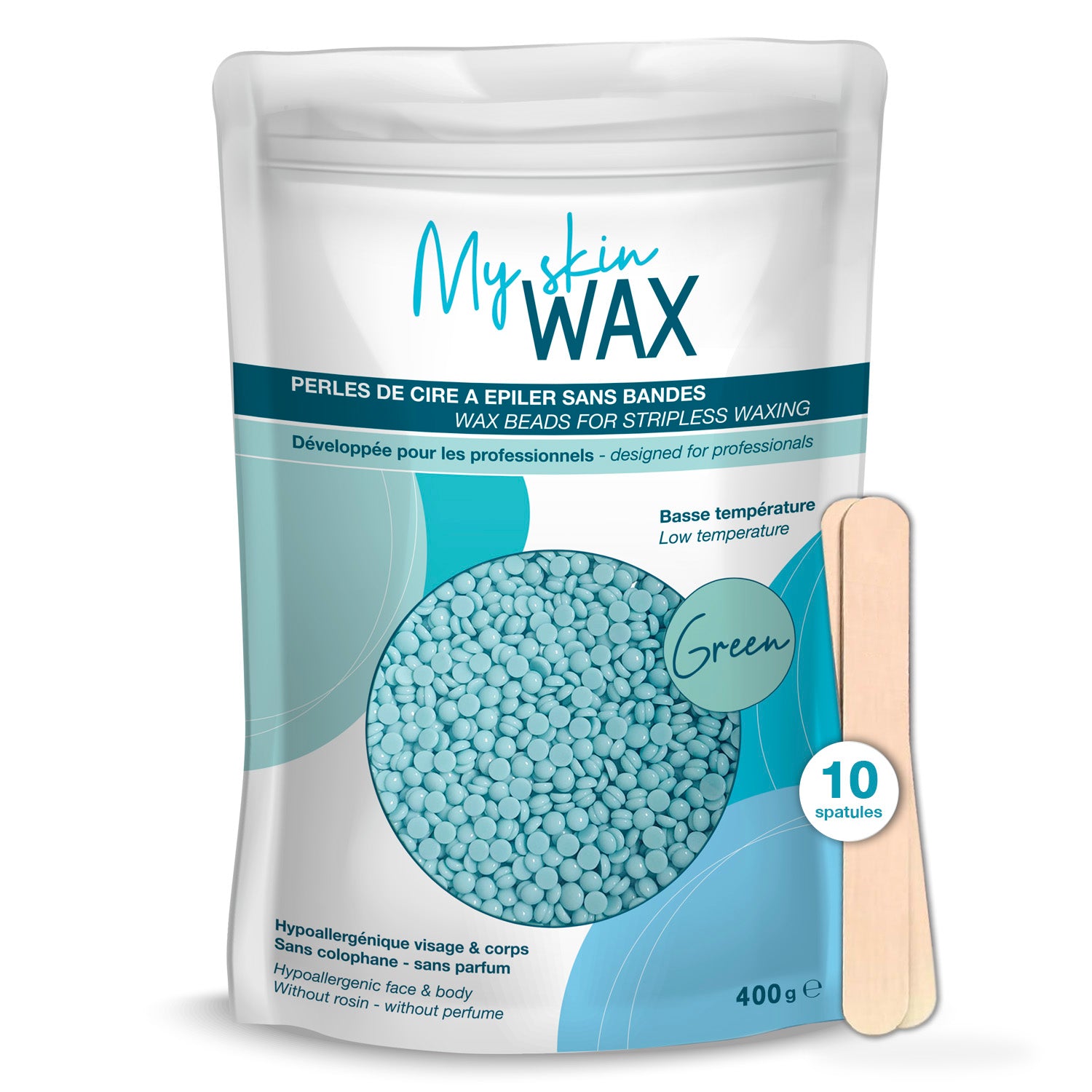 My Skin Wax - Perles de Cire à épiler sans Bande, 400g, Hypoallergénique, Cire d'Épilation en Douceur sans Rougeurs, Spéciale pour peaux Sensibles - Vert